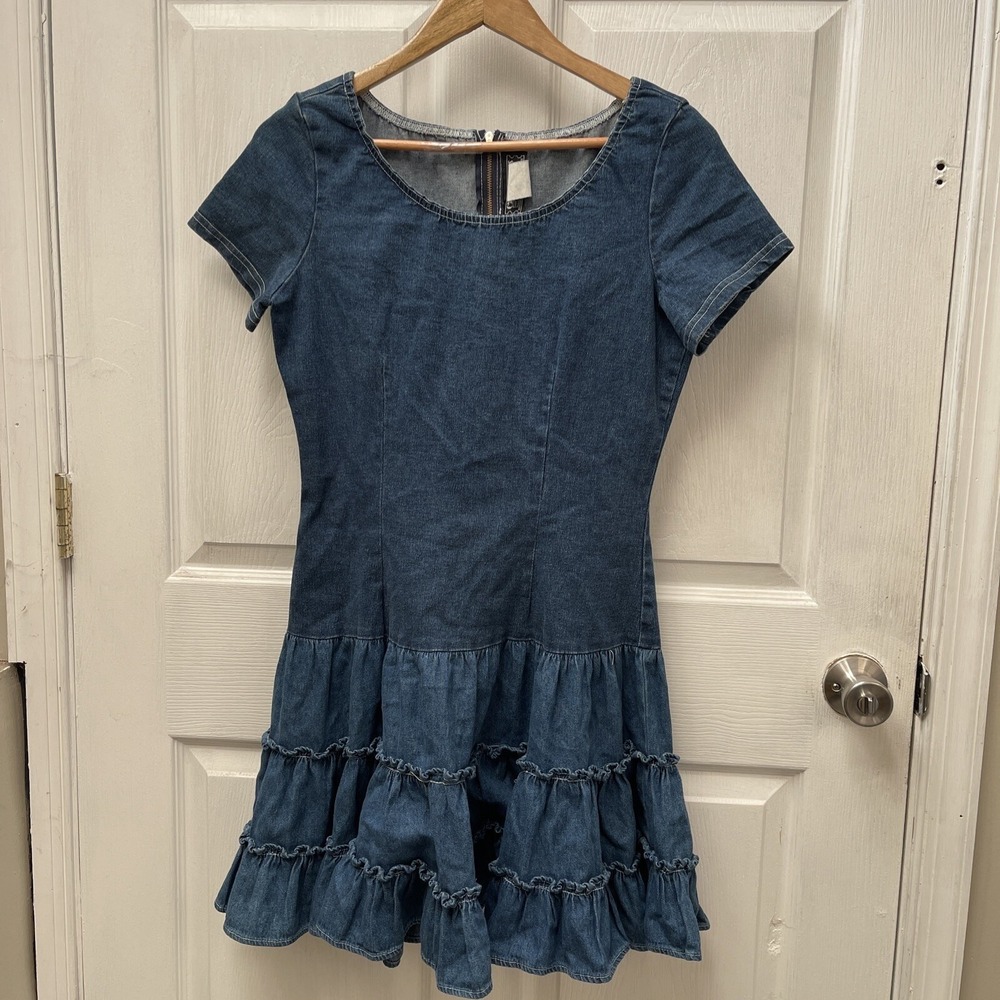 VTG Women's Chorus Blues‎ Denim Zipup Ruffle Dress Size 11 / 12 Cowgirl Country - Picture 2 of 7